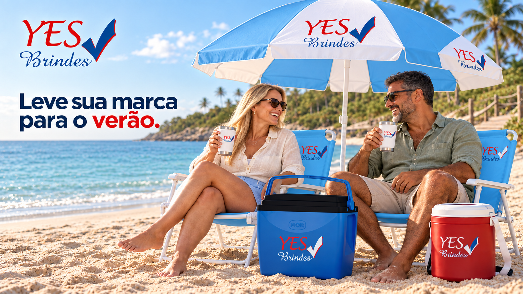 Kit de verão personalizado YES Brindes em uma praia